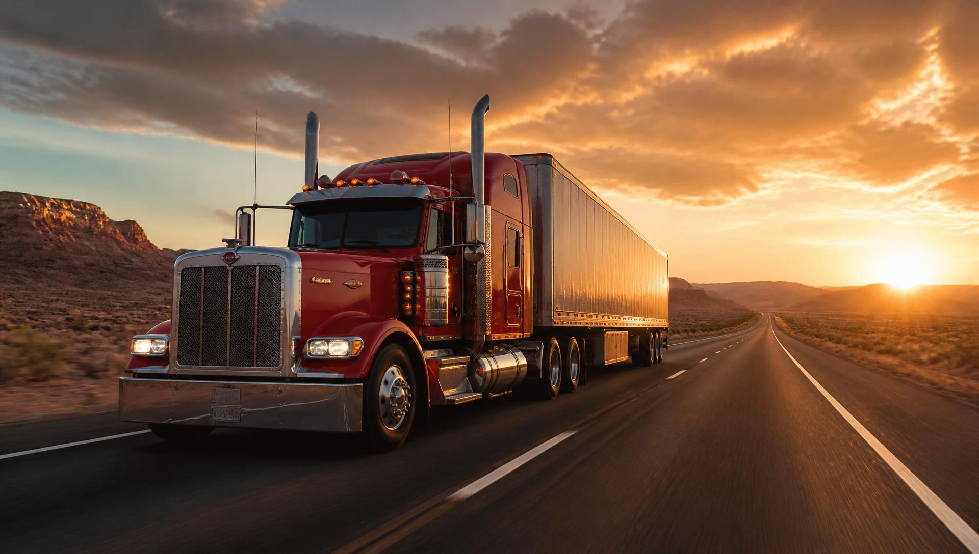 Camión americano en carretera al atardecer